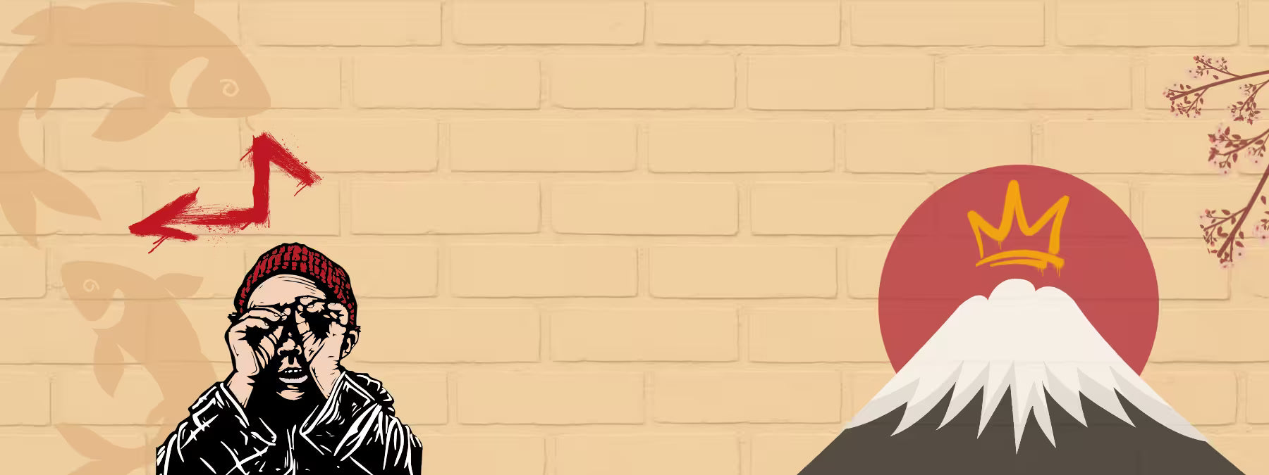 Illustration of a person wearing a red beanie with a mountain and a crown symbol on a beige brick wall background.